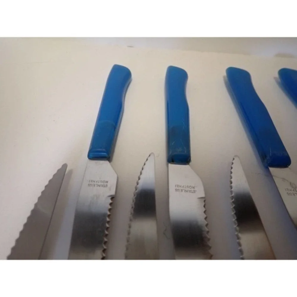 Vintage‎ Rostfrei Blue plastic Lucite maybe Handle 9 Steak Knives